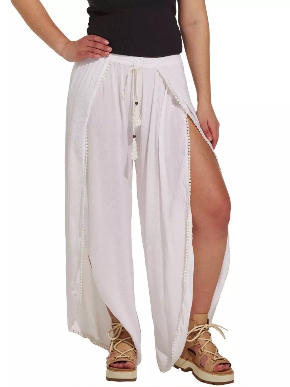 Angie White Pom-Trim Wide Leg Beach Pants